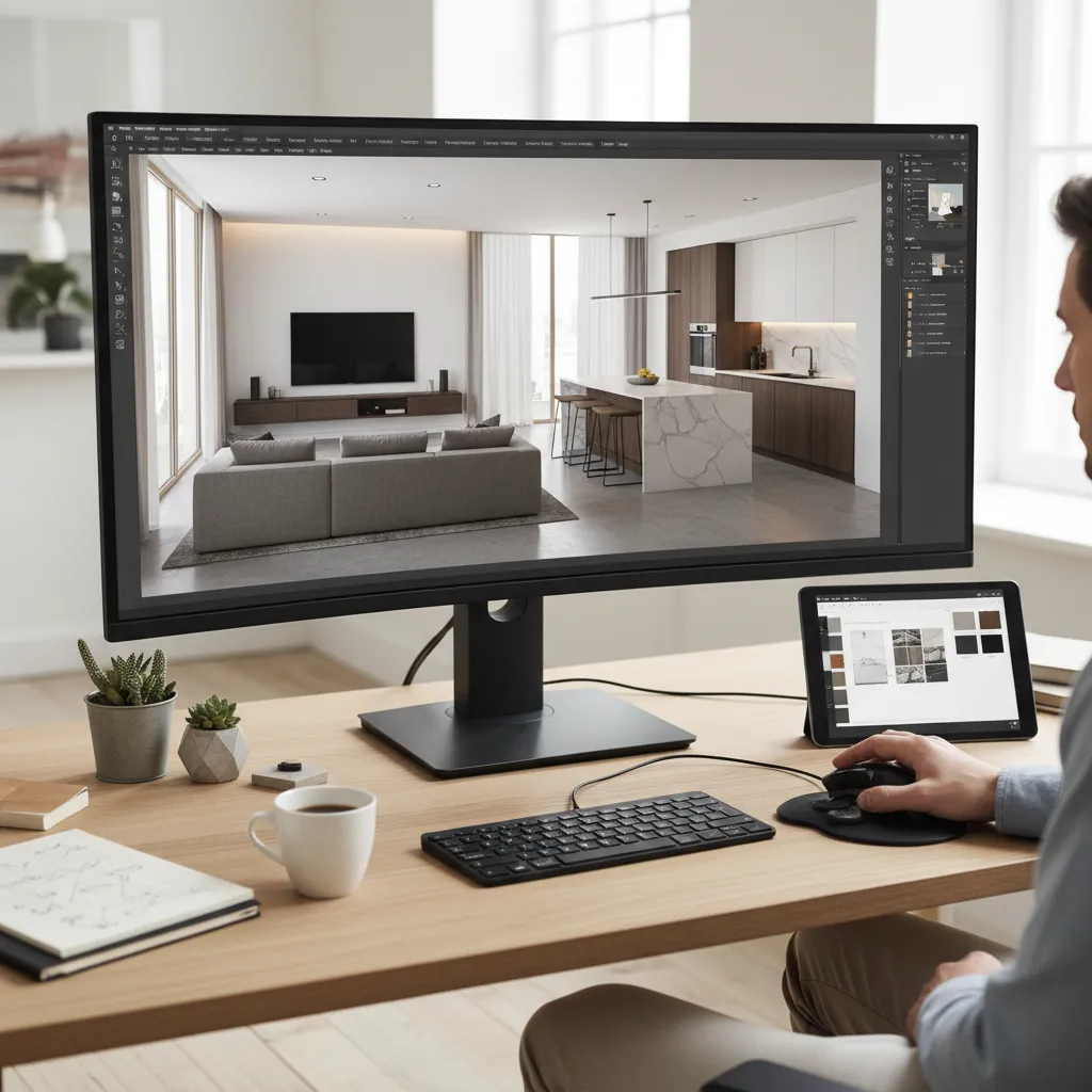 Person using interior design drawing software on large monitor to create modern living room layout