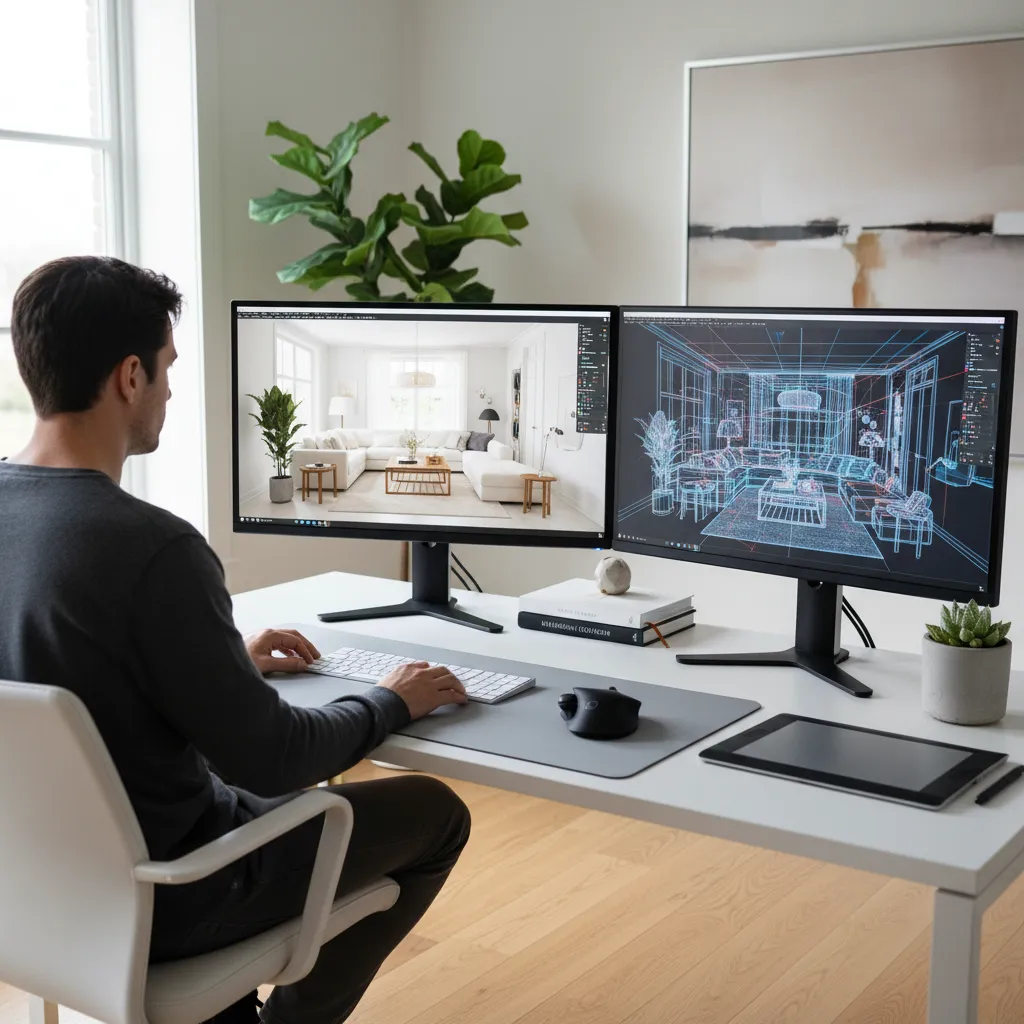 Diseñador creando un modelo 3D de un interior en ordenador