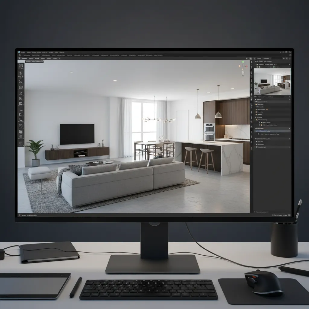 Modelo 3D de un apartamento mostrando distribución de muebles