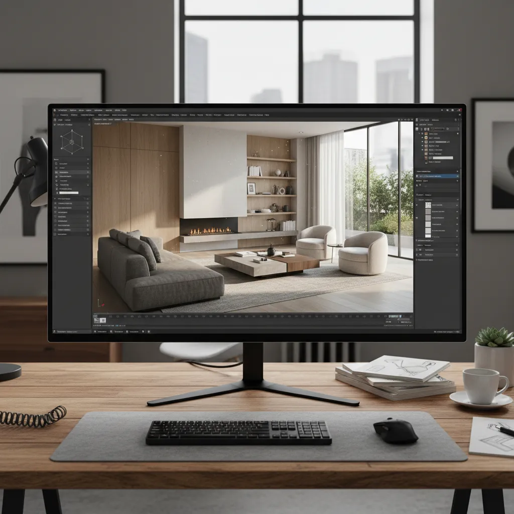 Modelo 3D de una sala de estar mostrado en pantalla de ordenador