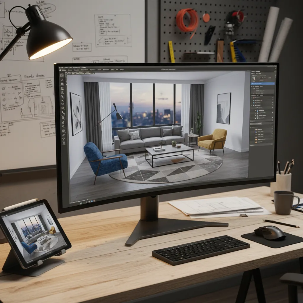 Pantalla mostrando modelado 3D de un salón moderno con mobiliario
