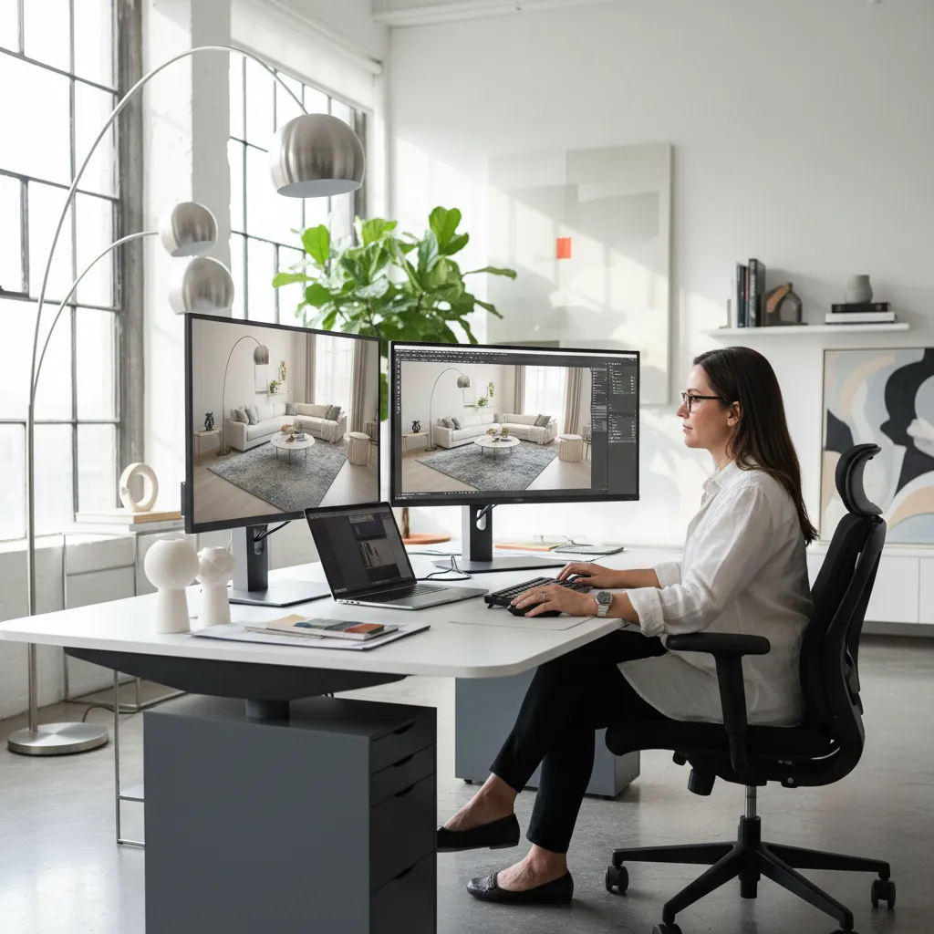 Diseñador trabajando en modelado 3D de un salón moderno