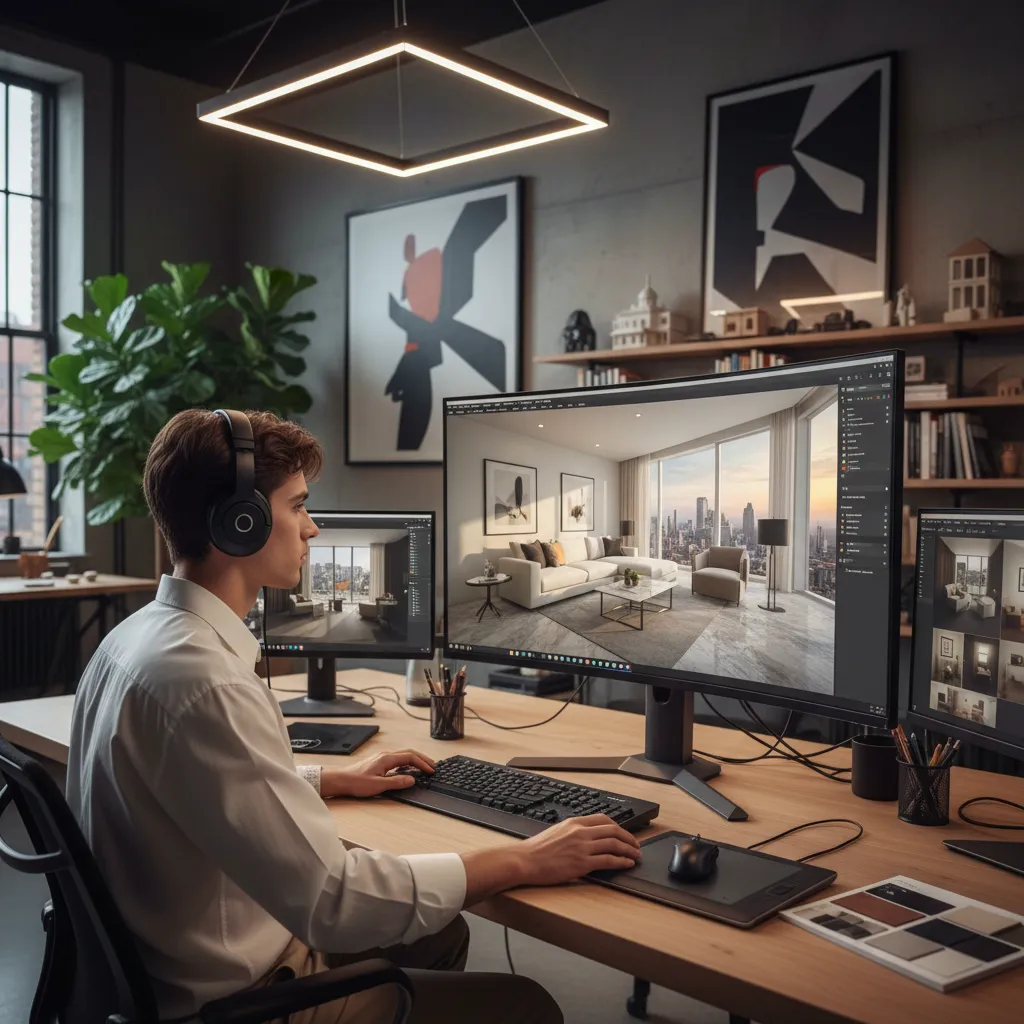 Estudiante trabajando en un modelo 3D de interior en ordenador
