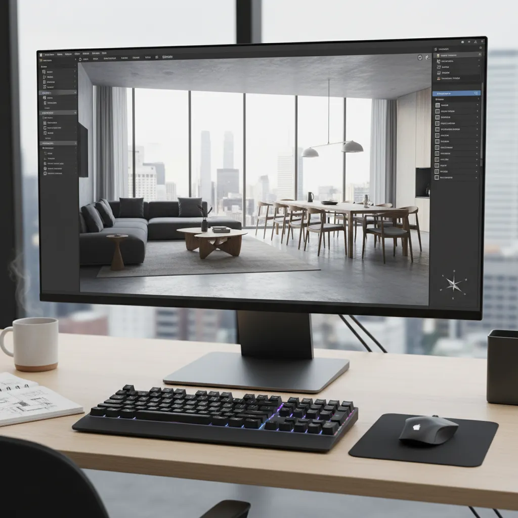 Pantalla mostrando render 3D de diseño de interiores en proceso