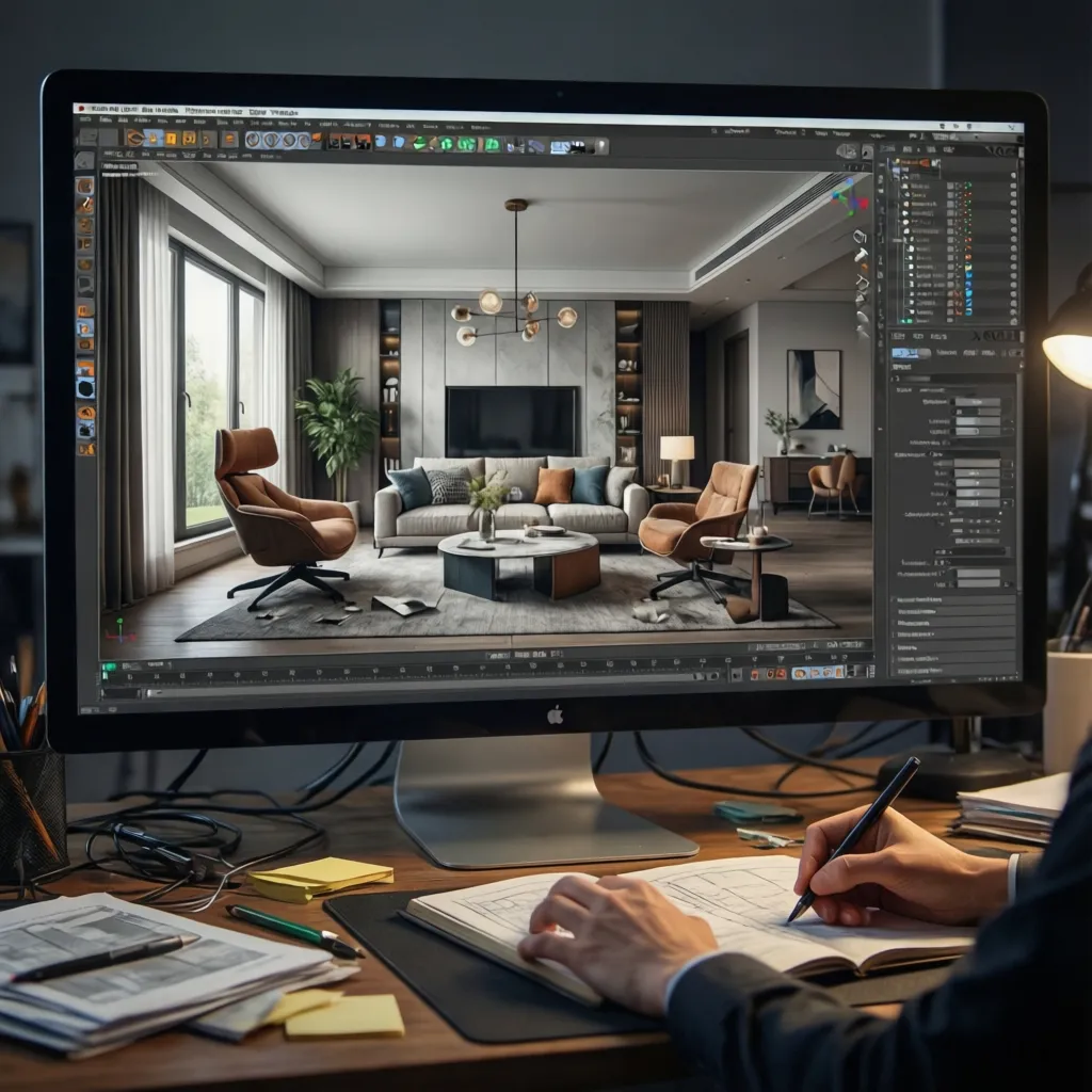 Pantalla mostrando modelado 3D de un salón