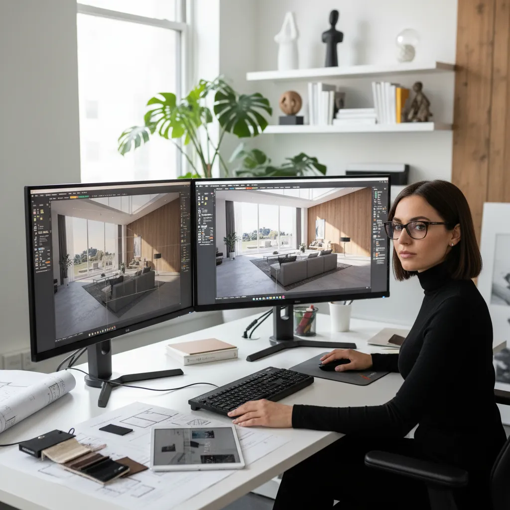 Diseñador trabajando en un modelo 3D de interiorismo en ordenador