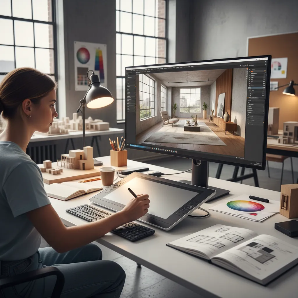 estudiante creando modelo 3D de interior en ordenador