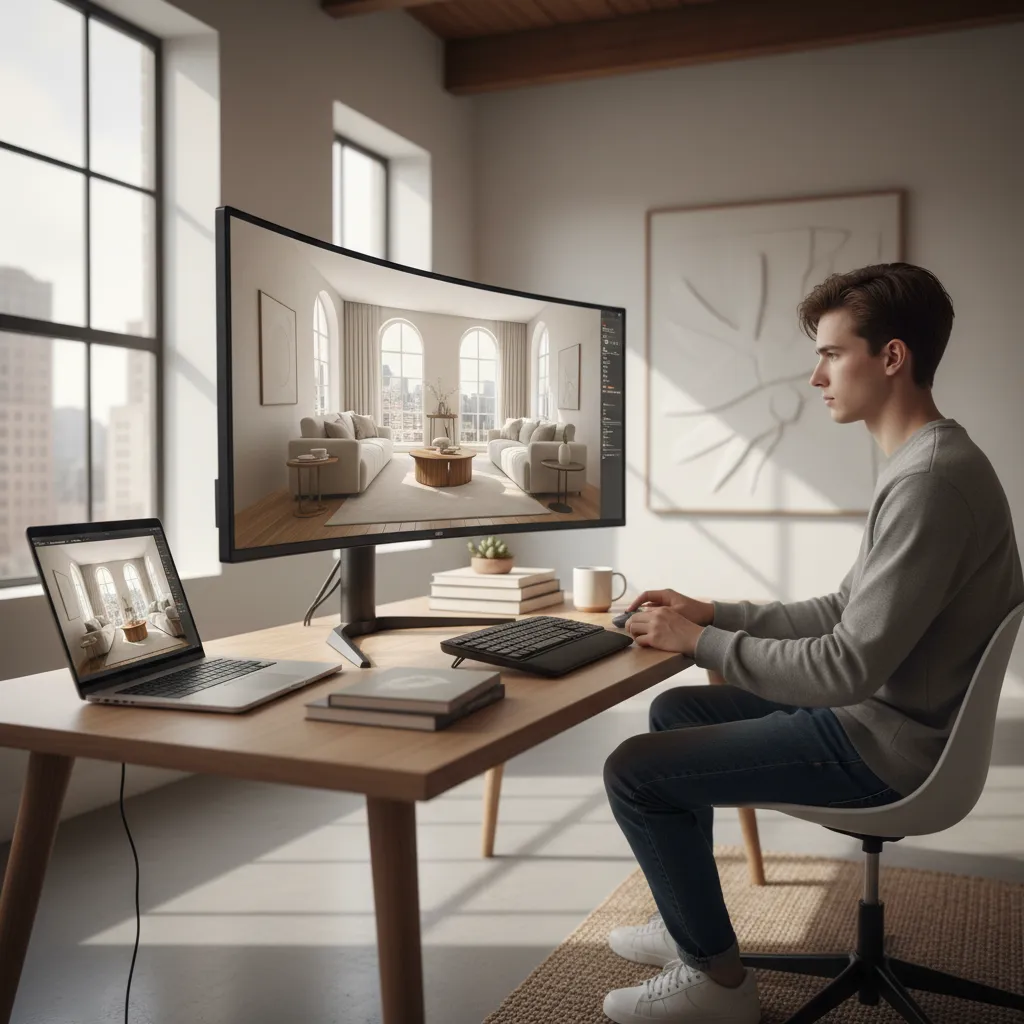 Estudiante creando un modelo 3D de interiorismo en ordenador