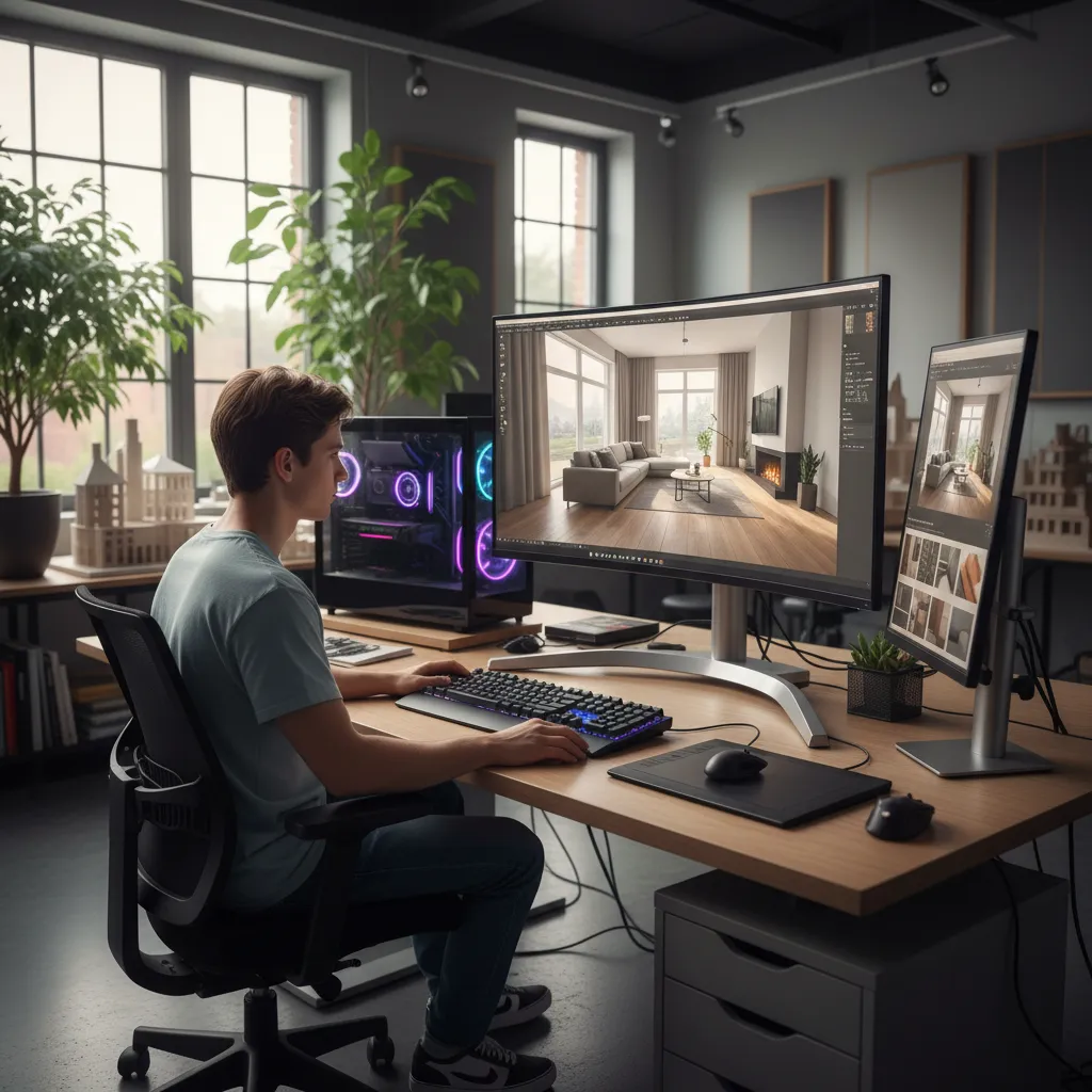 Designer using a computer to create interior design drawing of a modern grey living room
