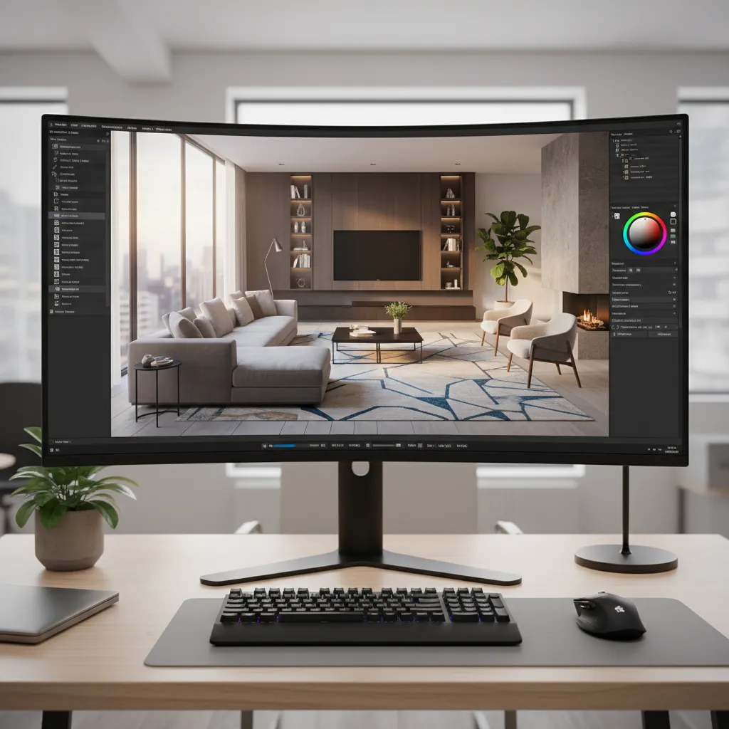 Pantalla mostrando modelo 3D de un salón diseñado digitalmente