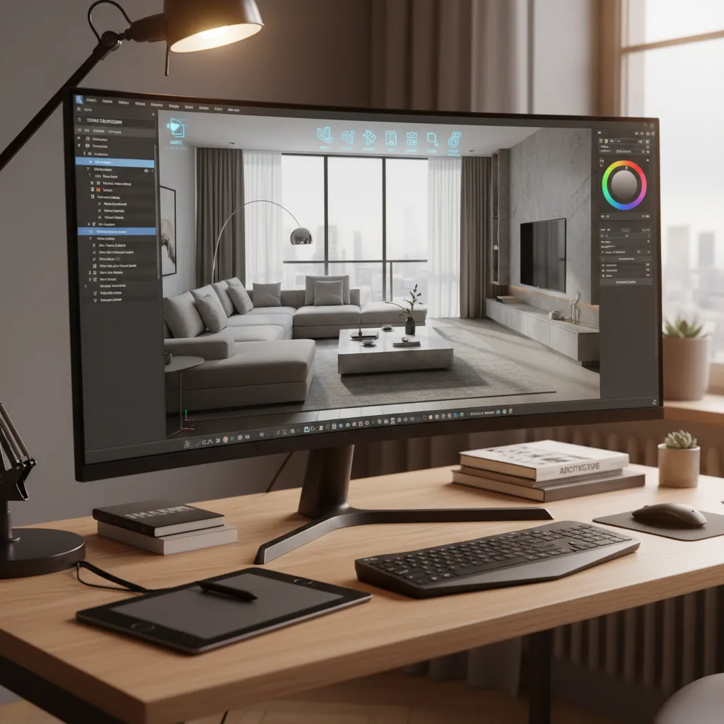 Coohom interior design drawing software displaying a modern living room layout on a curved monitor