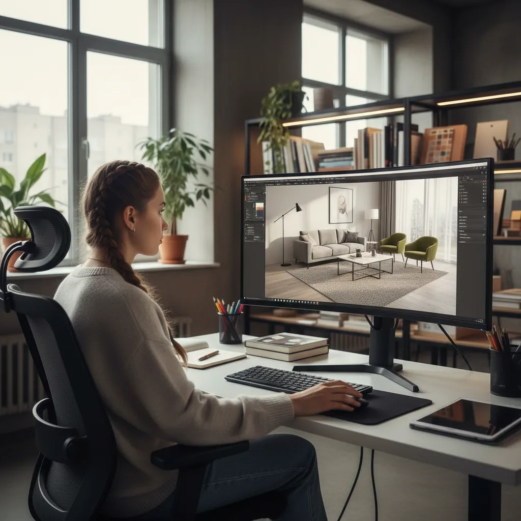 Student sitting at desk using computer to create 3D interior design drawing of living room