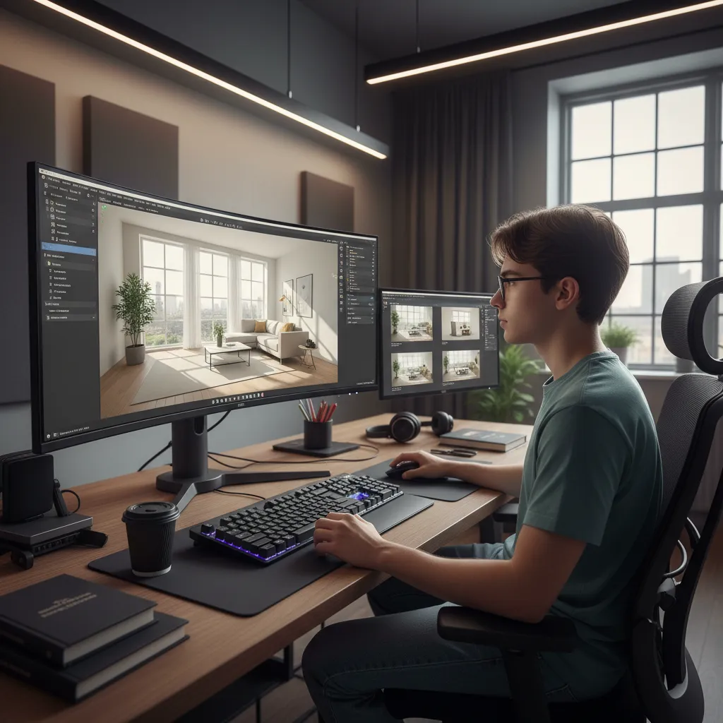 Estudiante creando un modelo 3D de interior en una computadora