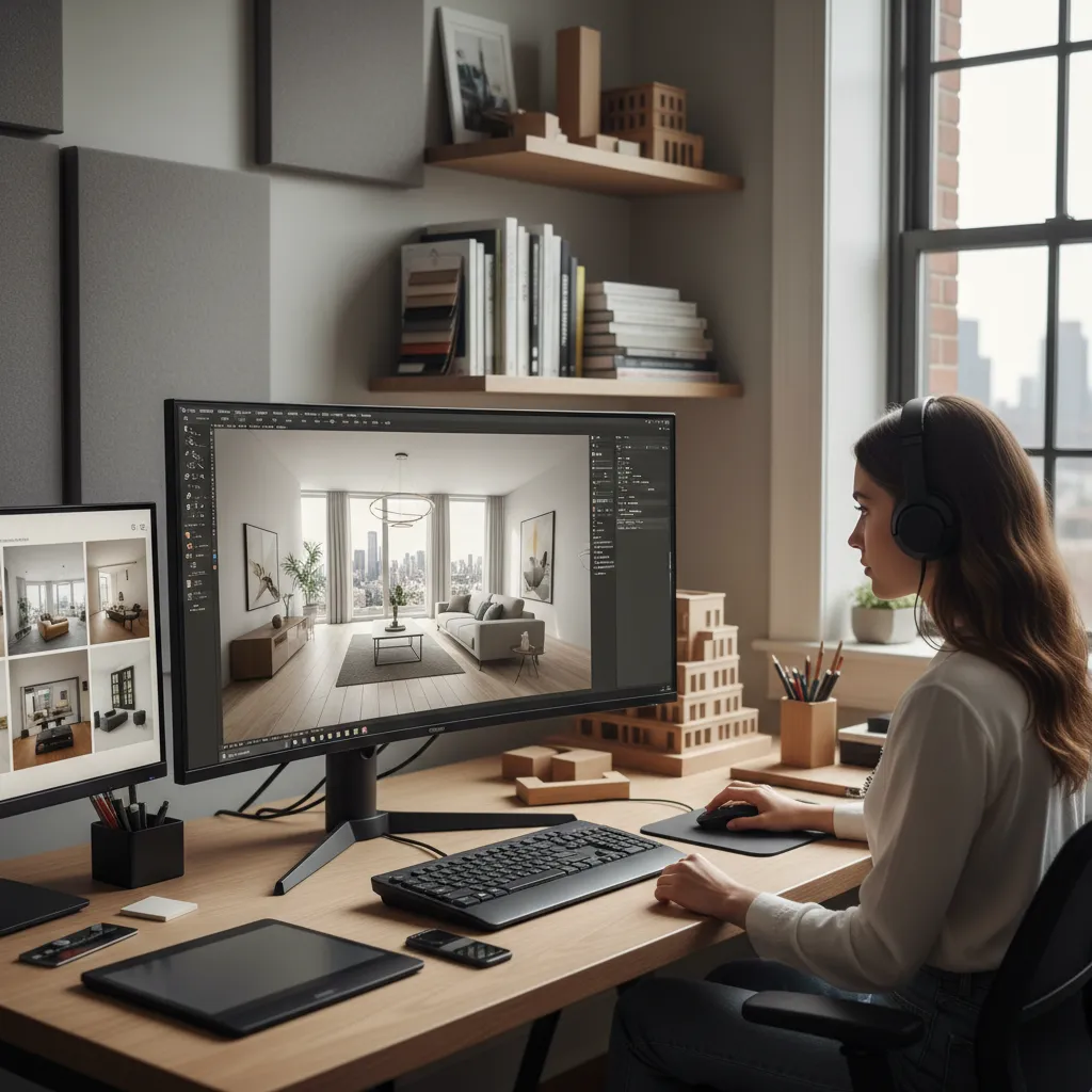 Estudiante trabajando en un modelo 3D de interiorismo en un ordenador