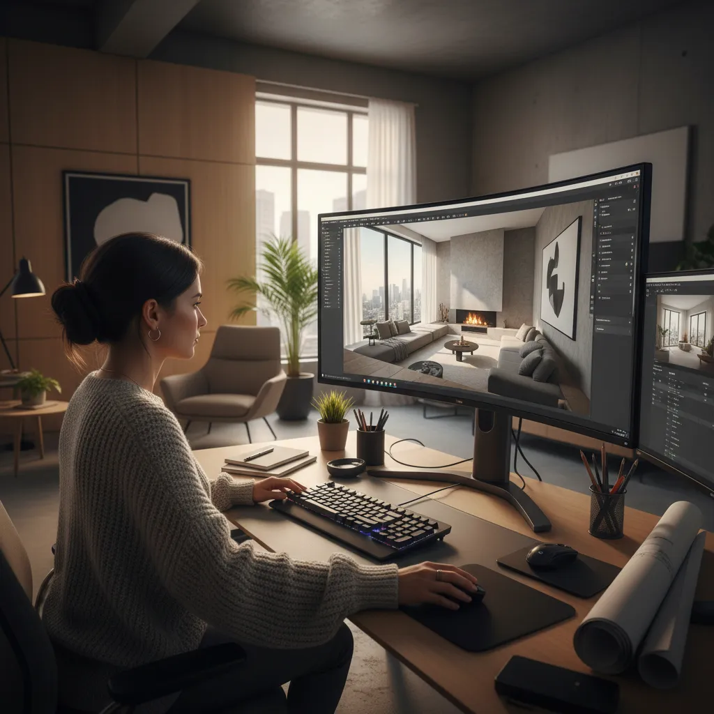 Woman using computer to create interior design drawing of modern living room with a window