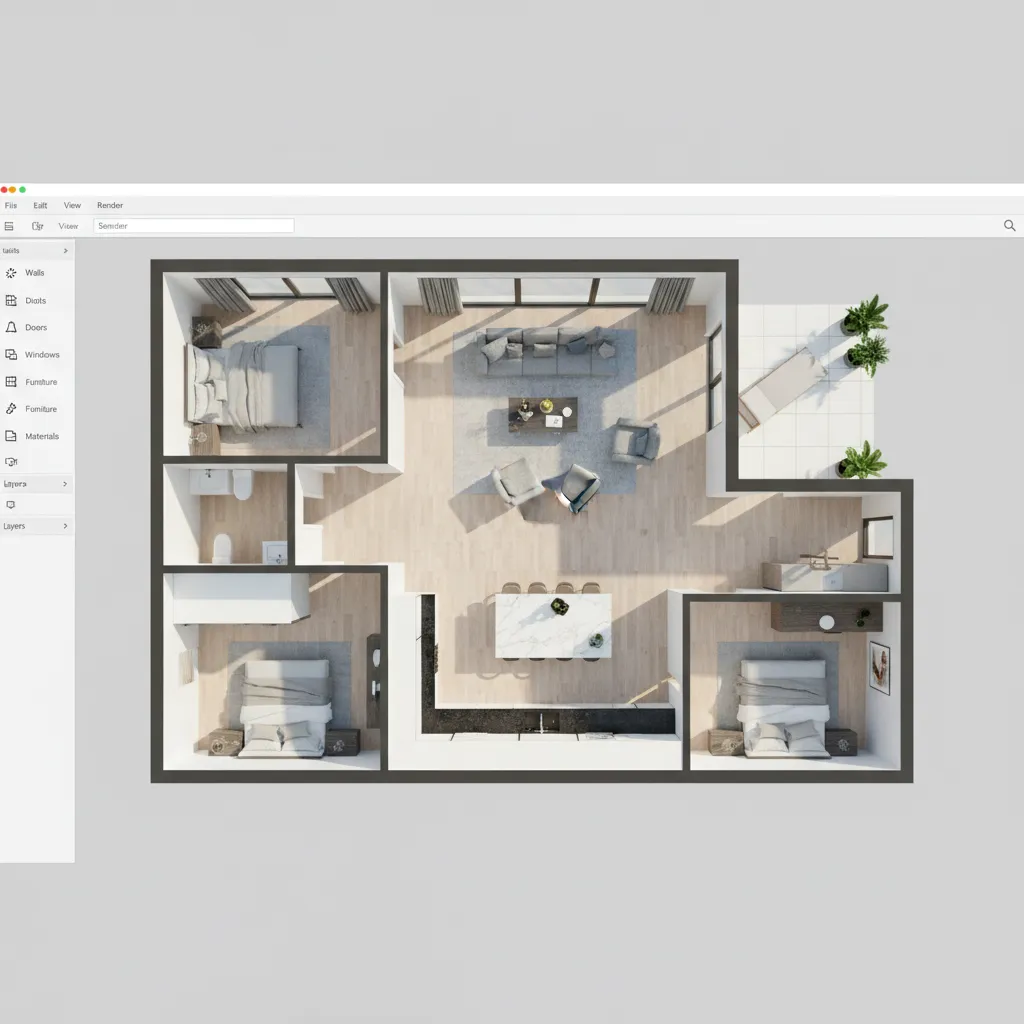 Coohom interior design drawing showing three bedroom apartment layout with living room and balcony area