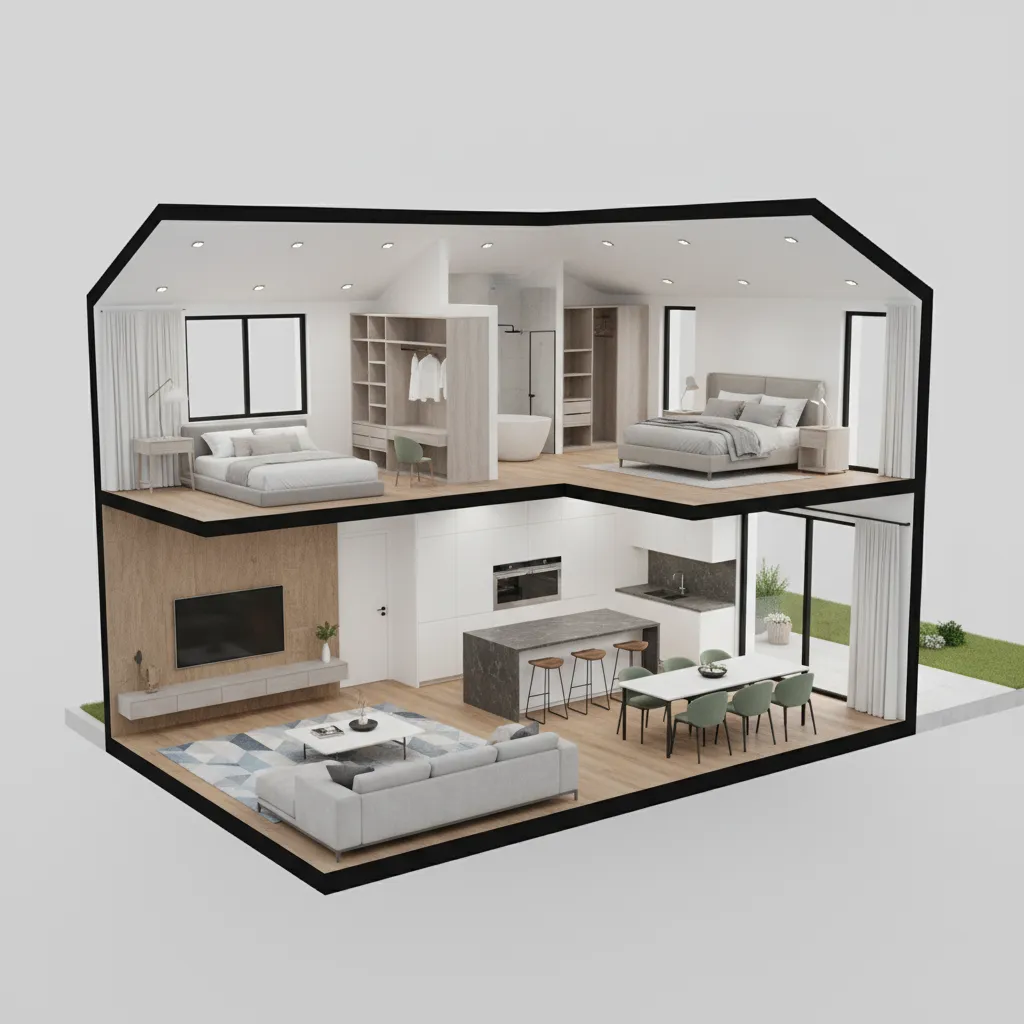 Interior design drawing showing two floor house with bedrooms bathroom kitchen dining and living room