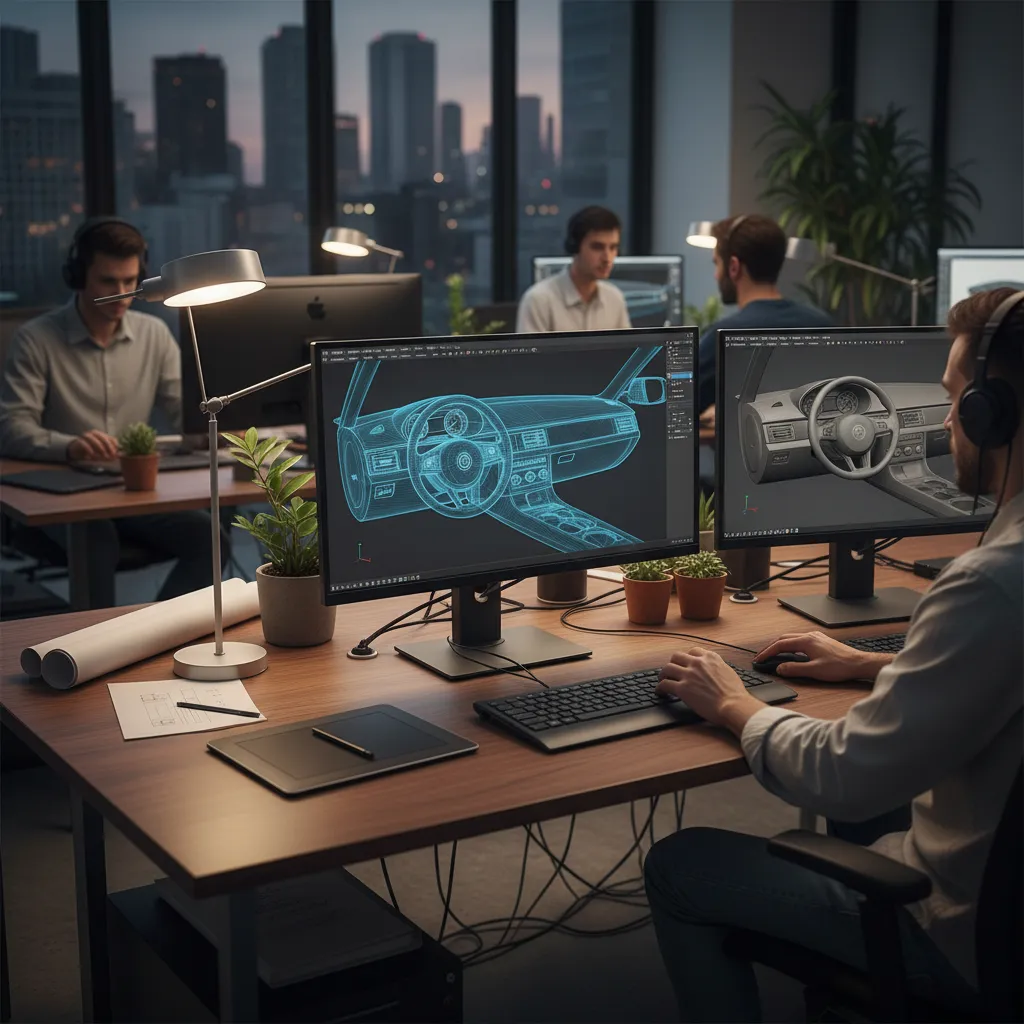 Modern office studio where designers create digital car interior design drawings on multiple computer screens