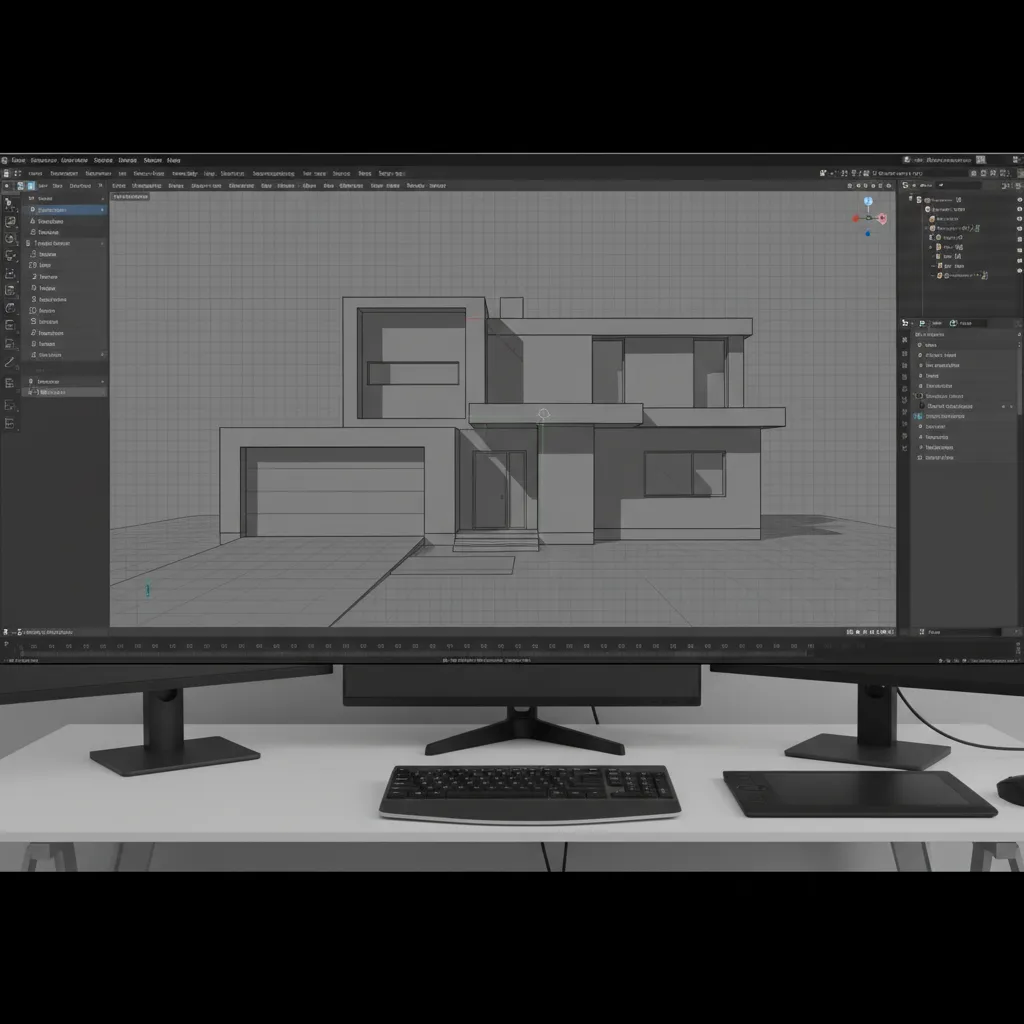 Interior design drawing software on a computer monitor showing a modern house with a garage