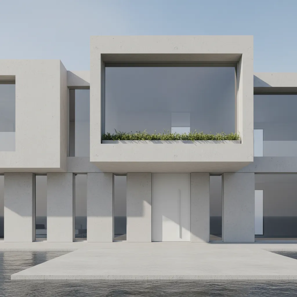 Modelo 3D de fachada moderna con grandes ventanas