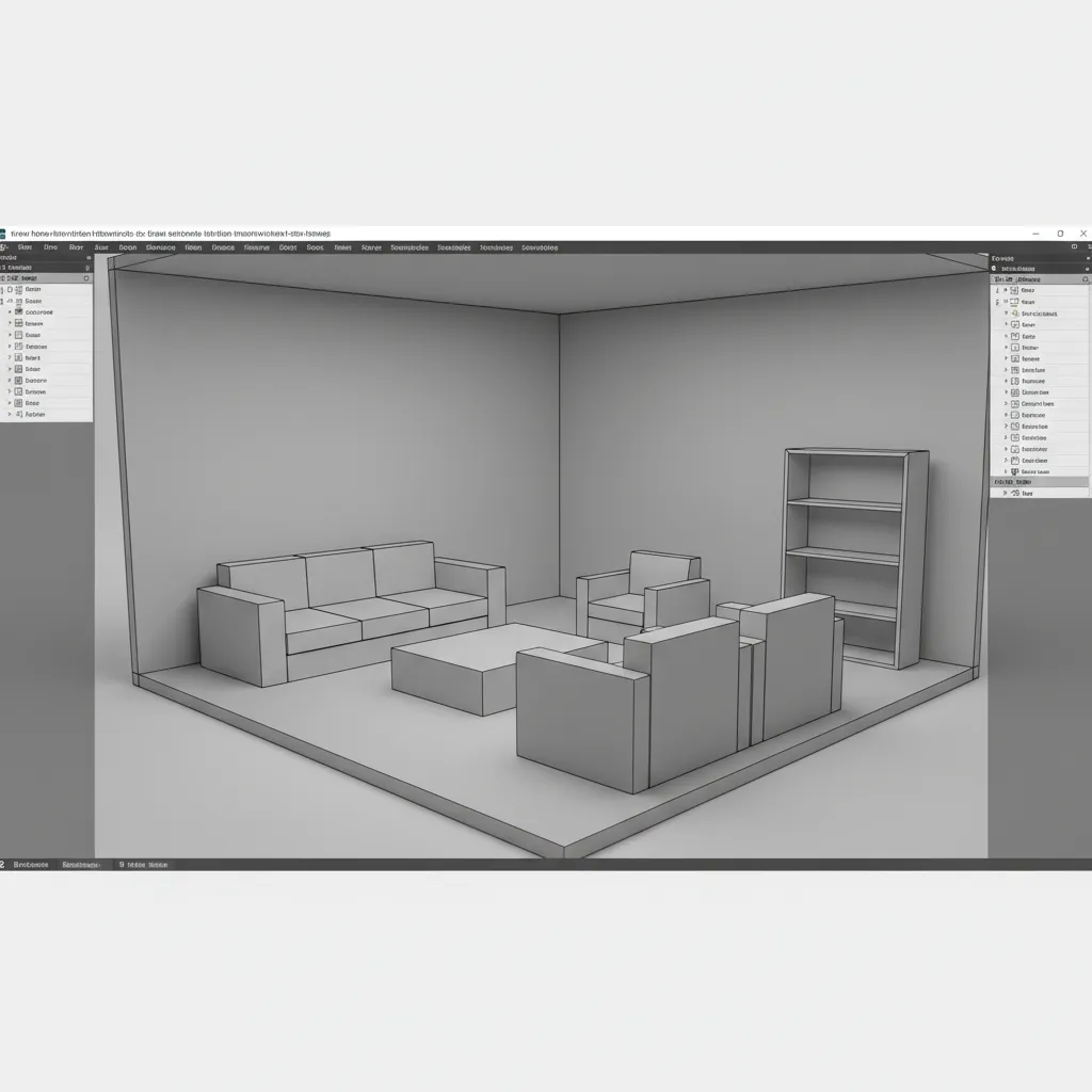 Escena de modelado de un salón en software de diseño 3D