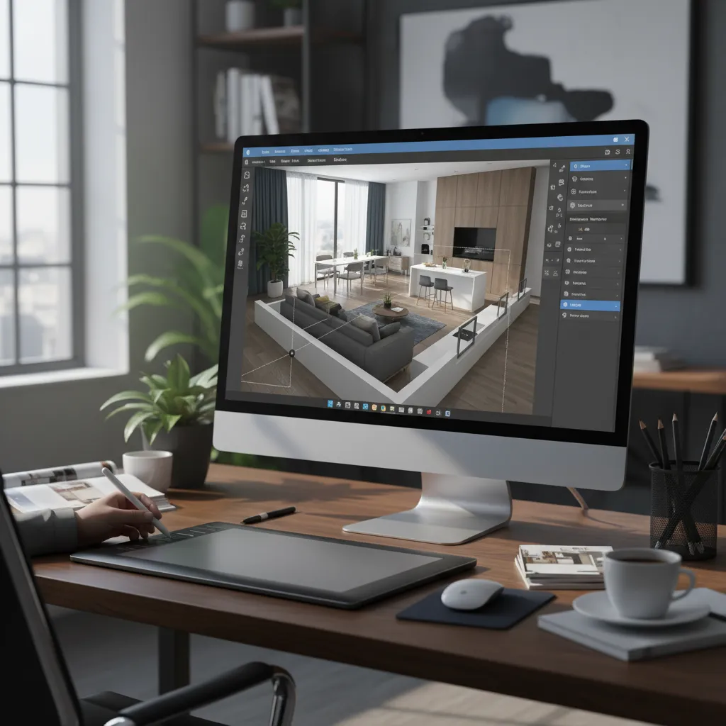 Pantalla de software mostrando modelado 3D de un apartamento