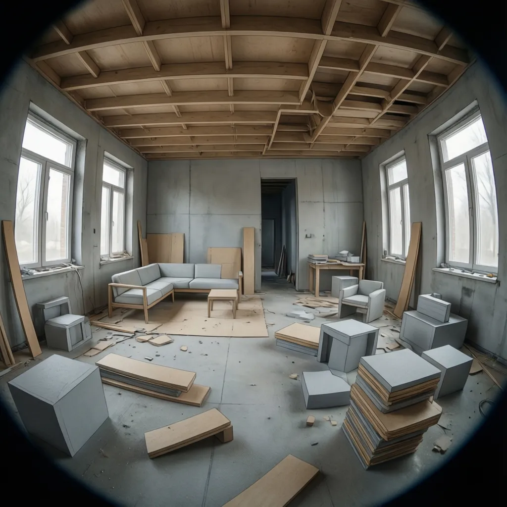 Escena de modelado de interior en 3D mostrando paredes y mobiliario base