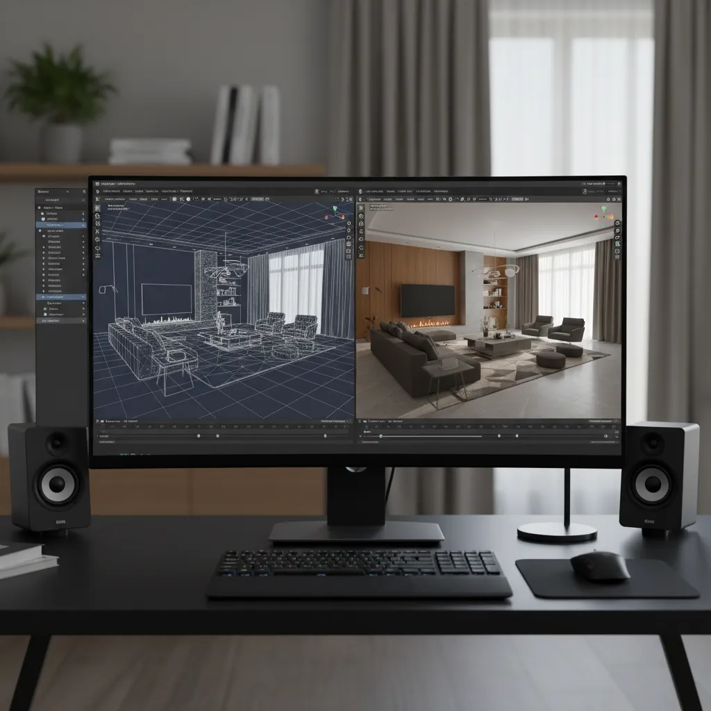 Interfaz de software 3D mostrando modelado de un salón