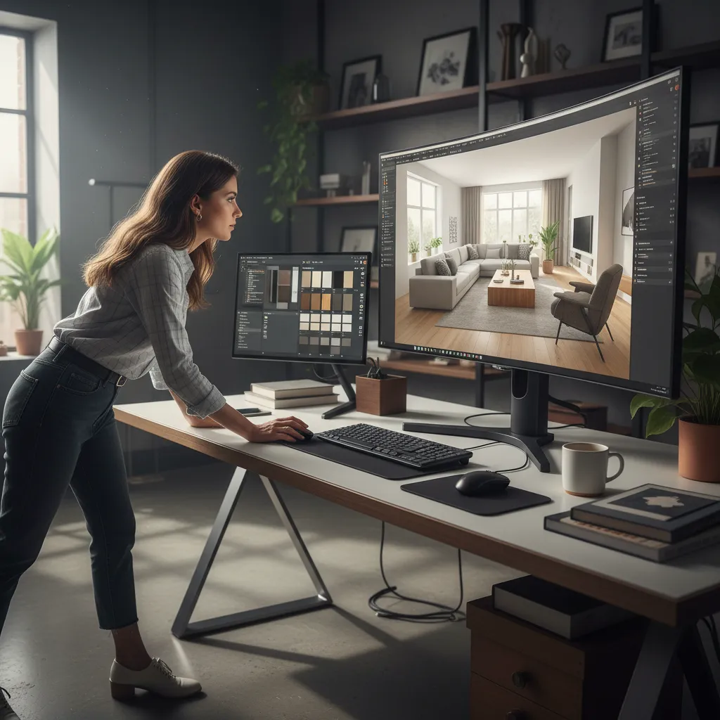 Diseñador ajustando muebles y materiales en un modelo 3D de vivienda