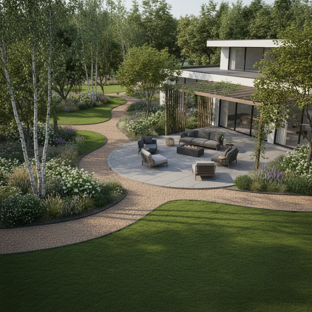 Backyard garden design with gravel paths a circular stone patio and green grass lawn area