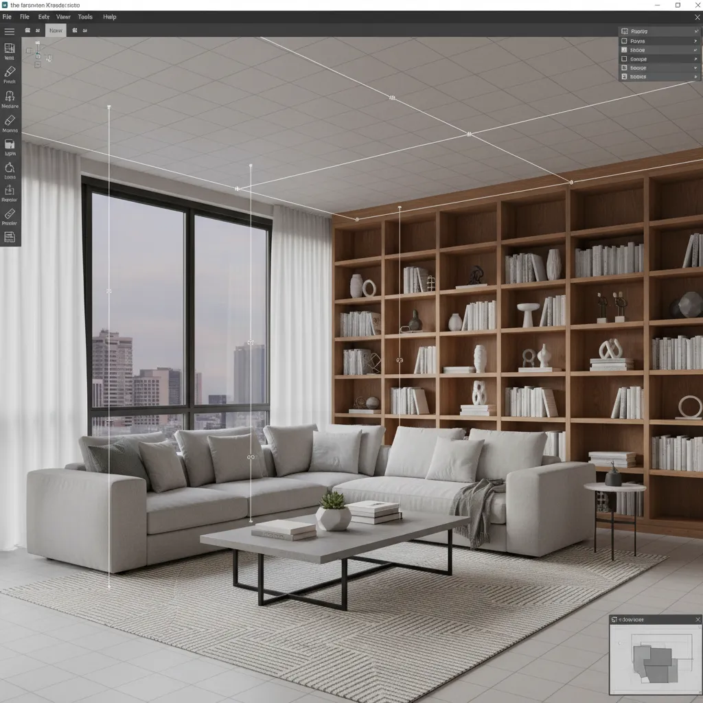 Modelo 3D de sala con sofá, estantería y mesa en software de diseño interior