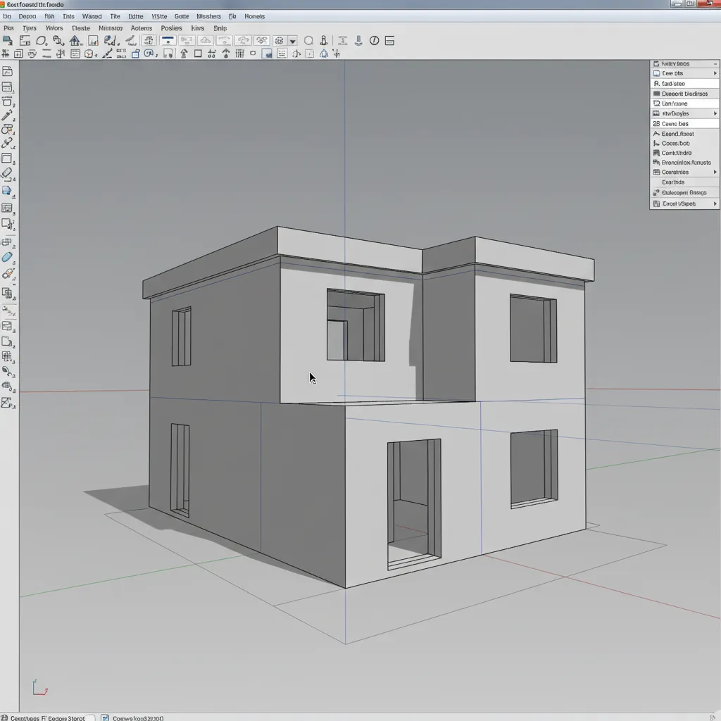 Design software screen showing a grey house model with two floors and empty window openings