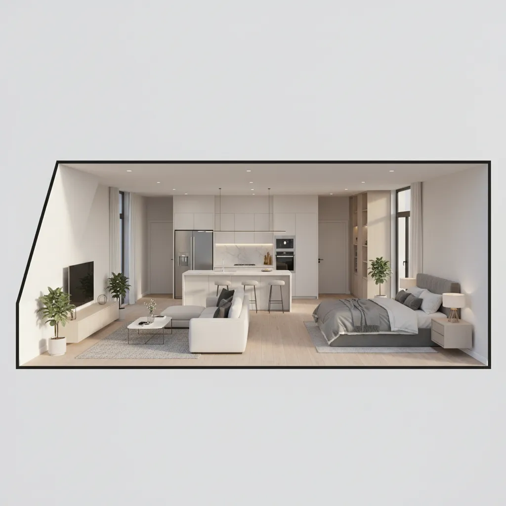 Modelo 3D completo de un apartamento con salón cocina y dormitorio