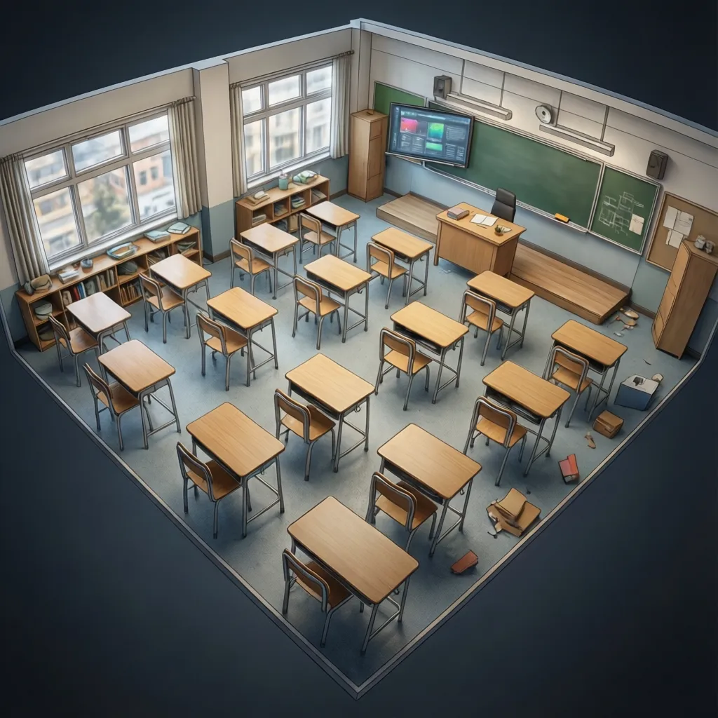 Modelo 3D de aula escolar con distribución de mesas