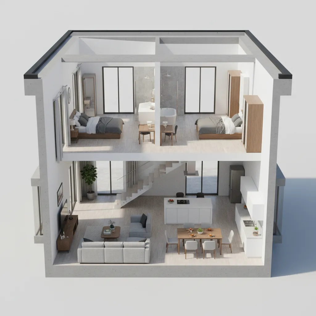 Modelo 3D de una casa rectangular de 10 x 12 metros