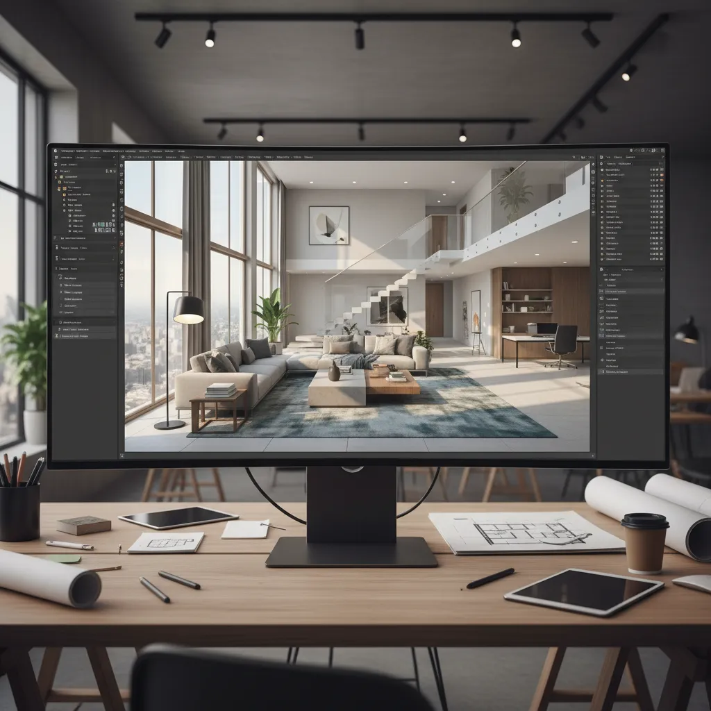Modelo 3D de casa moderna en pantalla de ordenador