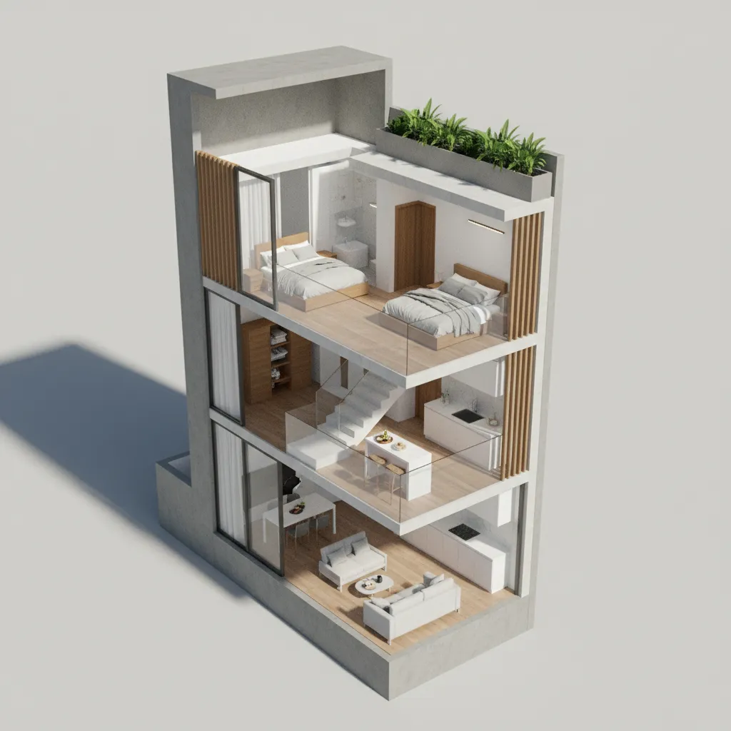 Modelo 3D de diseño de casa en lote de 7x15
