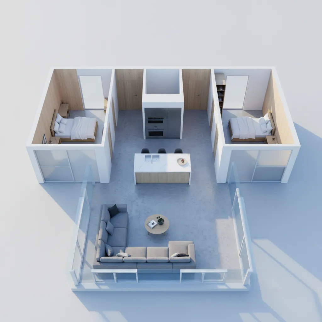 Interior design drawing showing a home layout with two bedrooms kitchen island and grey sofa