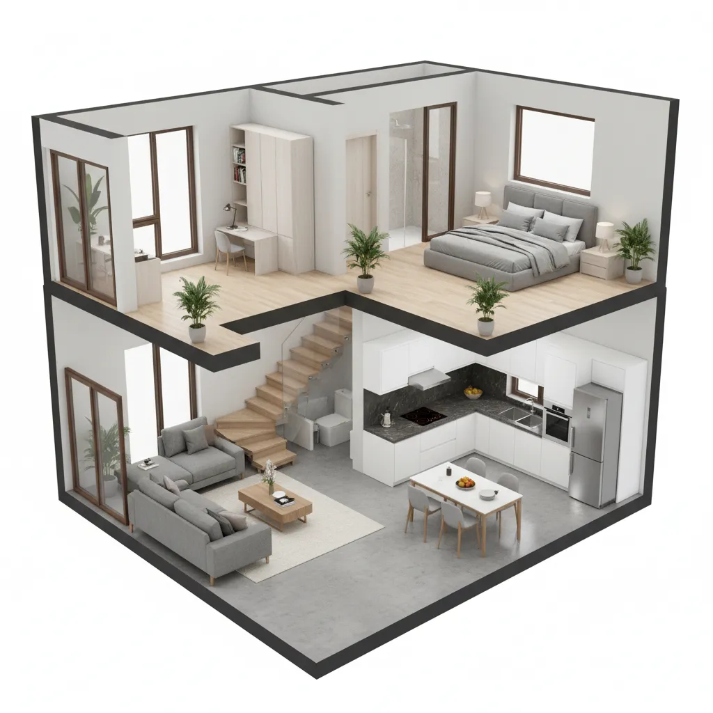 Modelo 3D de plano de casa 8x15 visualizado en software de diseño