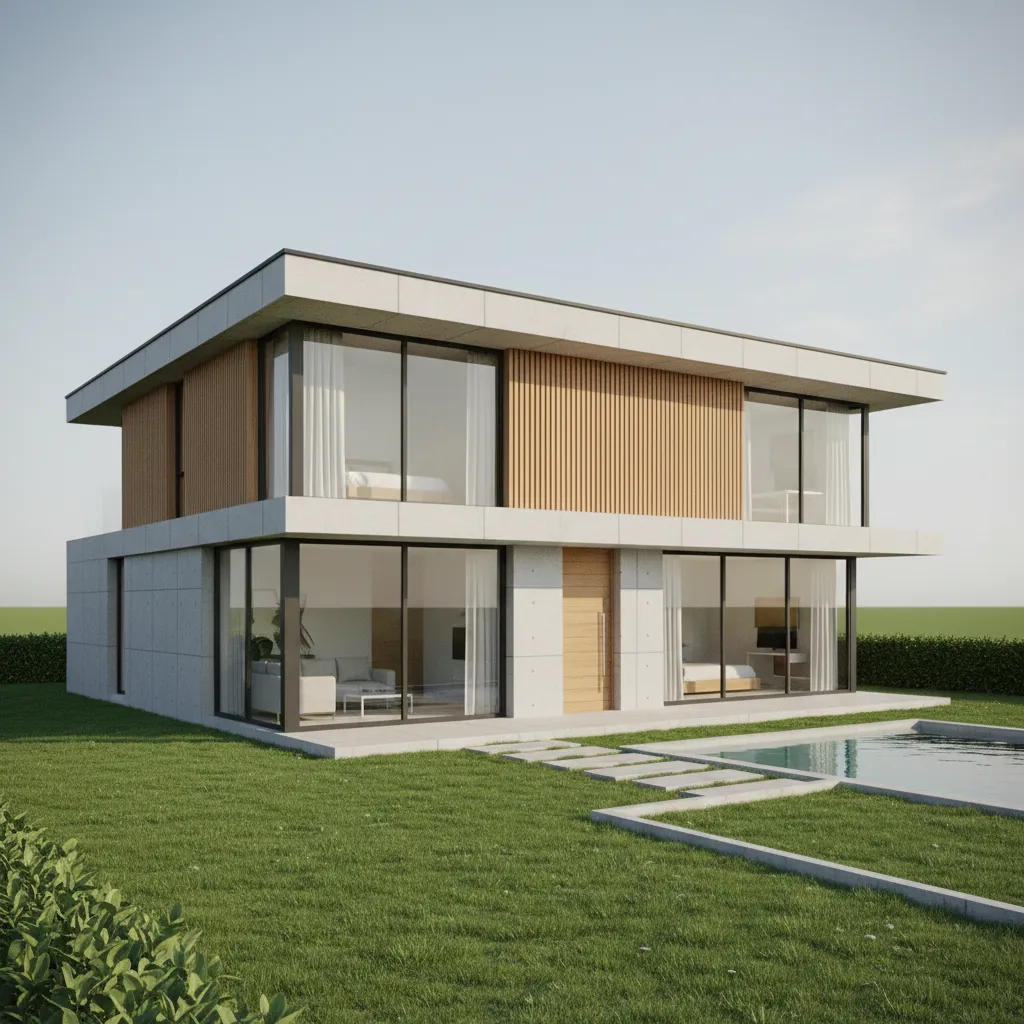 Modern house interior design drawing with large windows green grass and clear blue swimming pool