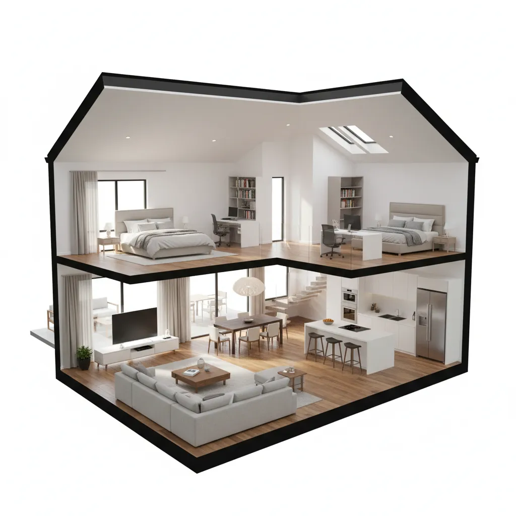 modelo 3D completo de una vivienda con habitaciones visibles