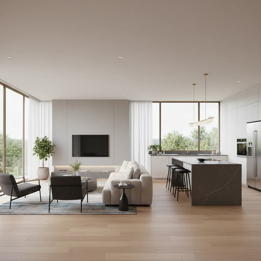 Modelo 3D de interior de casa con salón y cocina abiertos