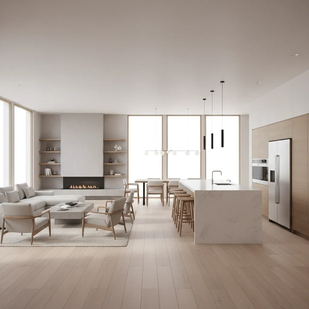 Modelo 3D de interior de vivienda mostrando salón y cocina abierta