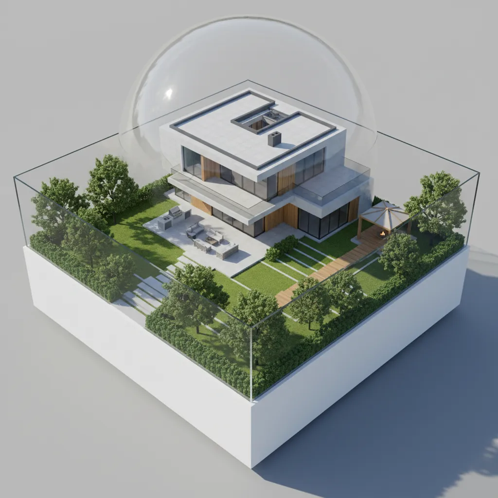 modelo 3D de una casa con distribución del jardín vista desde arriba