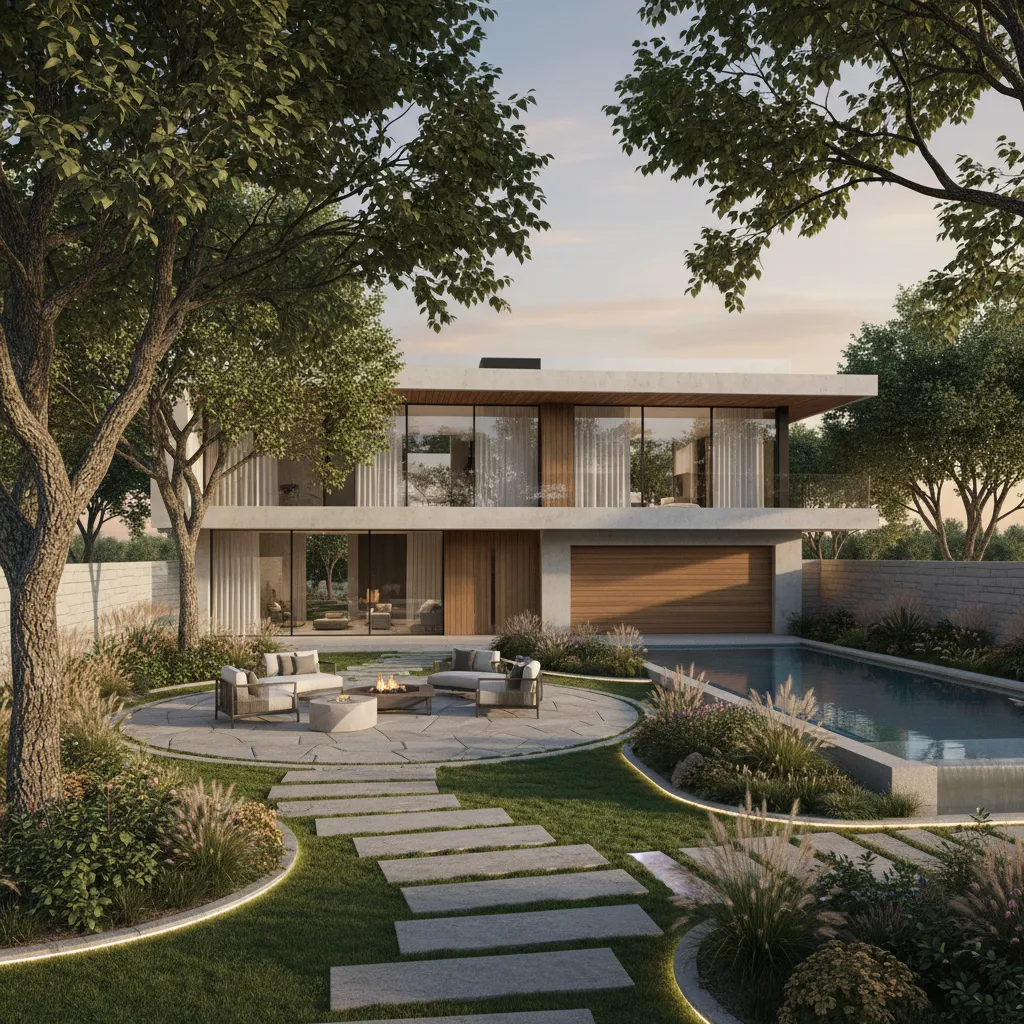 Modern house garden with stone path, outdoor fire pit seating, swimming pool, and green trees