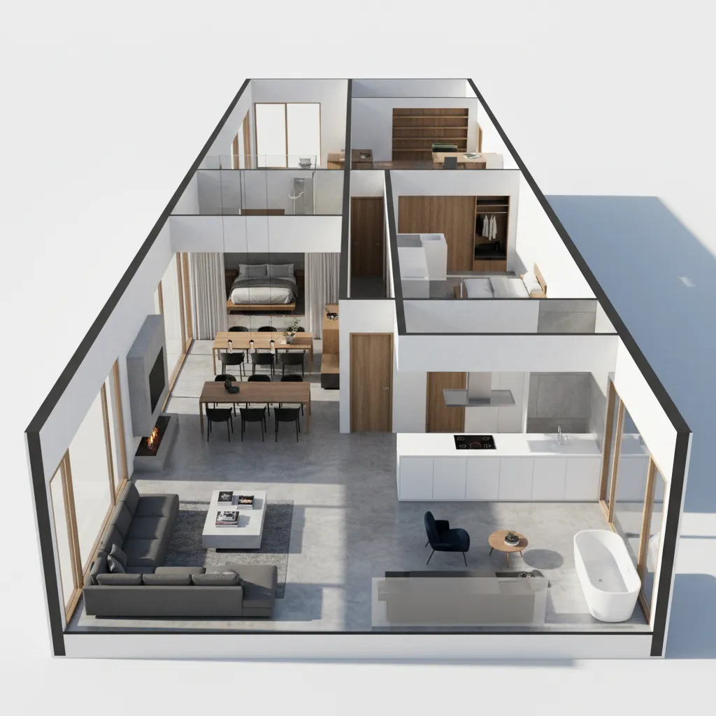 Modelo 3D de una casa alargada mostrando distribución interior