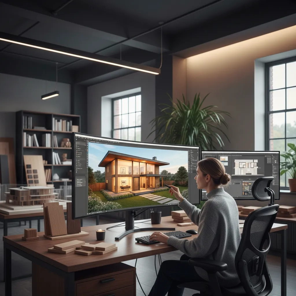 modelo 3D de casa de madera mostrado en ordenador