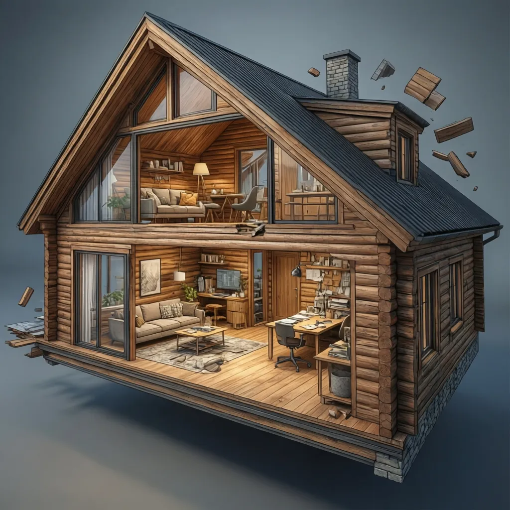 Modelo 3D digital de una casa de madera mostrando distribución interior
