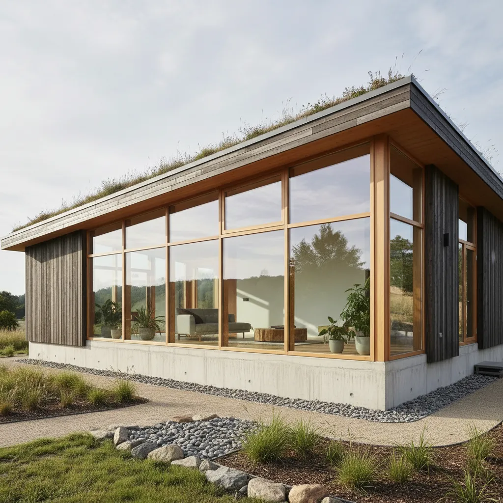 Modelo 3D de una casa pasiva con grandes ventanas al sur