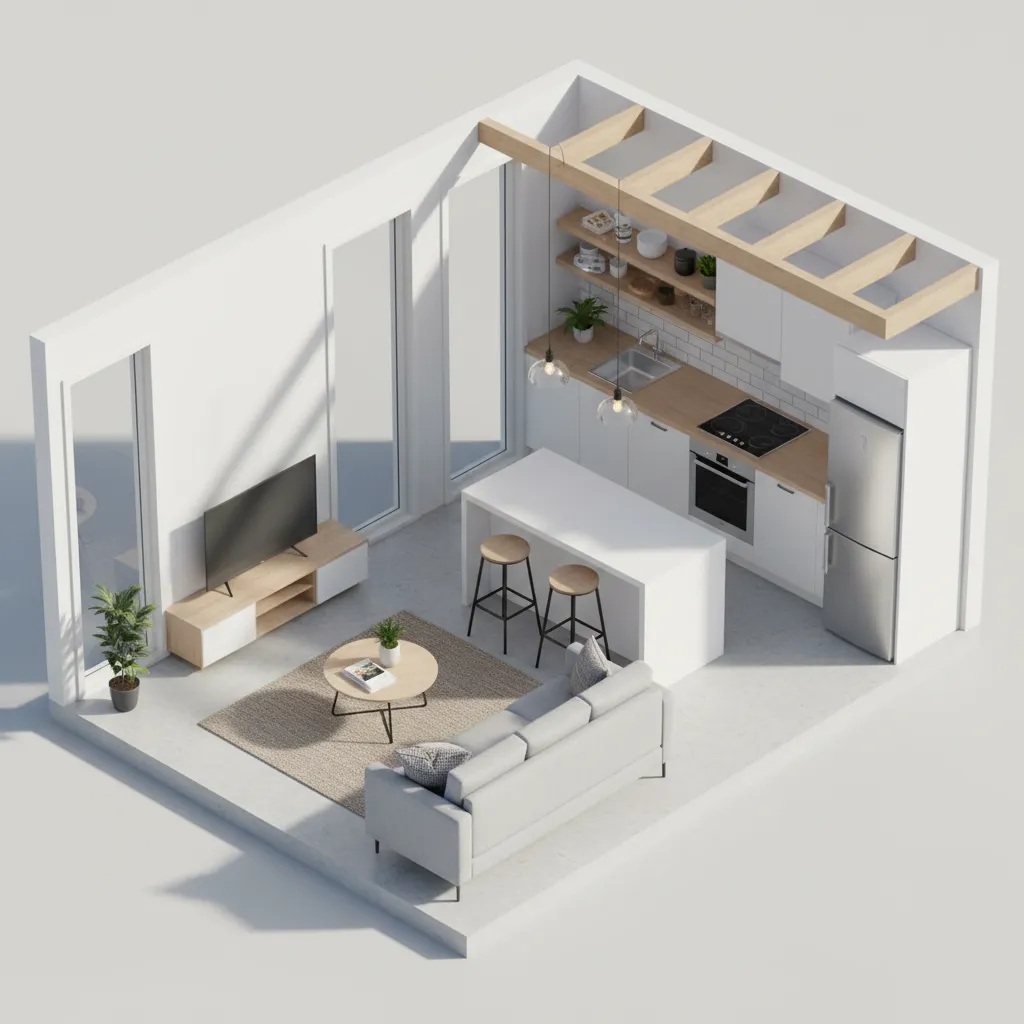 Modelo 3D de una casa pequeña con distribución abierta